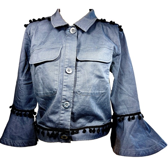 Du Jour Jackets & Blazers - Du Jour Womens Jacket S Pompom Blue Twill Jacket Bell‎ Cuffs Grunge Boyfriend